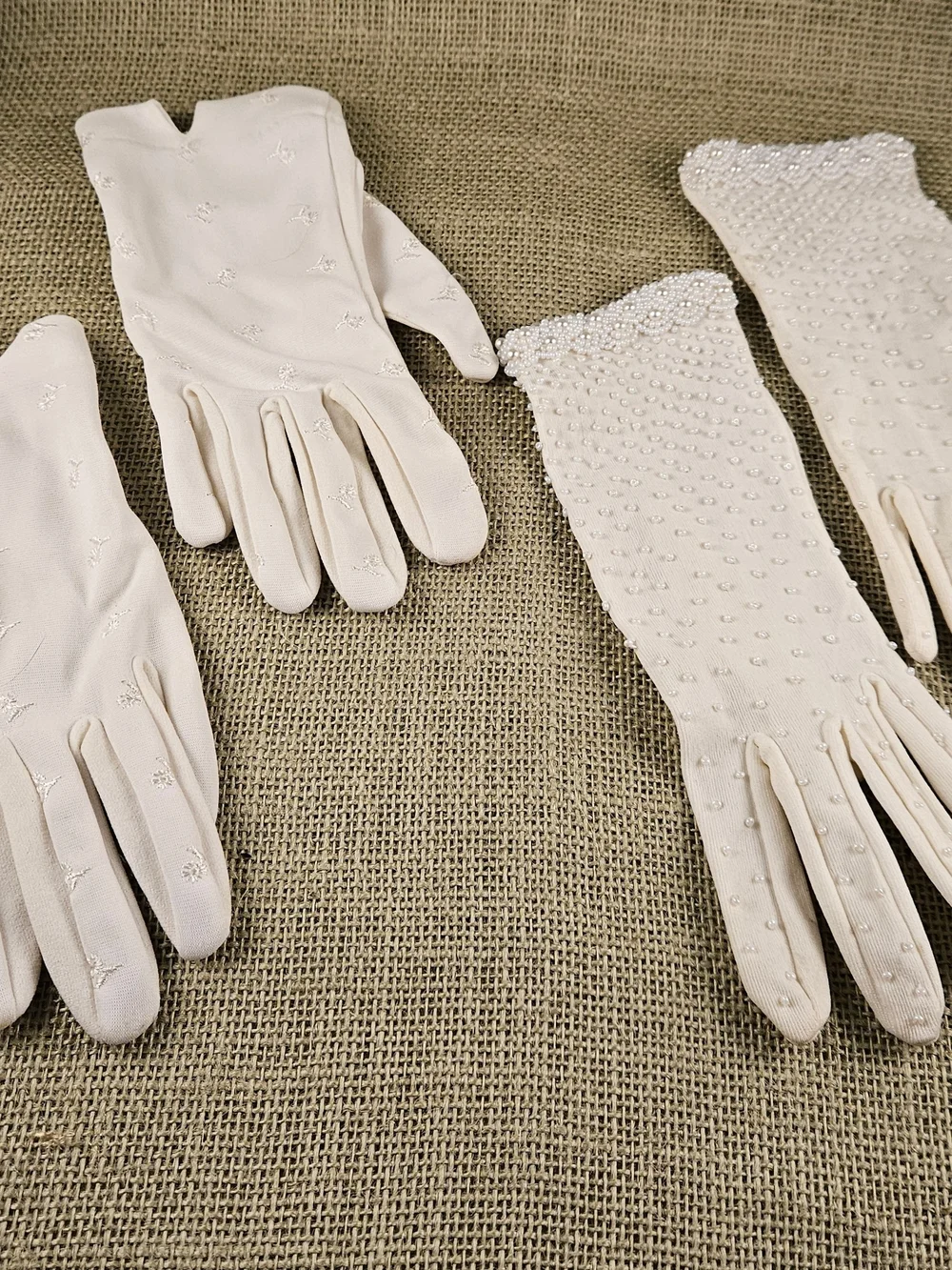Vintage Ivory Beaded and Embroidered Ladies Gloves - Set of 2 Pair